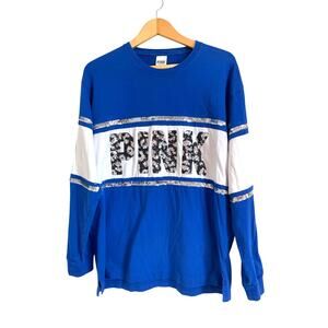 Victoria's Secret Pink long sleeve crew neck tee knit top sequin y2k blue Large